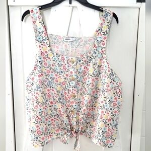 Ditsy Floral Linen Blend Button Crop Tie Tank